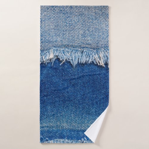 Denim jeans background Ripped denim fabric with b Bath Towel