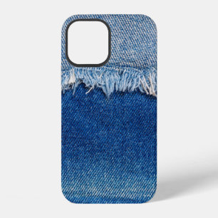 Denim jeans background. Ripped denim fabric with b iPhone 12 Case