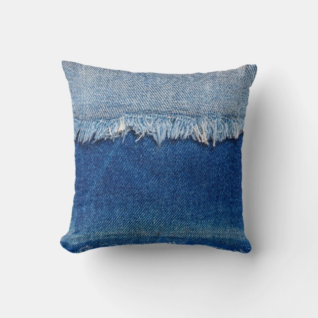 Denim jeans background. Ripped denim fabric with b Throw Pillow (Front)