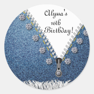 Denim Jeans Frayed & Diamonds Round Sticker Label