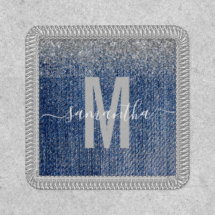 Denim Jeans Silver Glitter Handwritten Monogram Patch