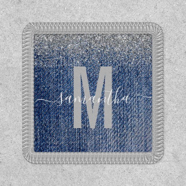 Denim Jeans Silver Glitter Handwritten Monogram Patch (Front)