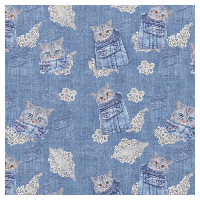 Denim Jeans with Kittens and Lace Repeats Fabric (Close Up)