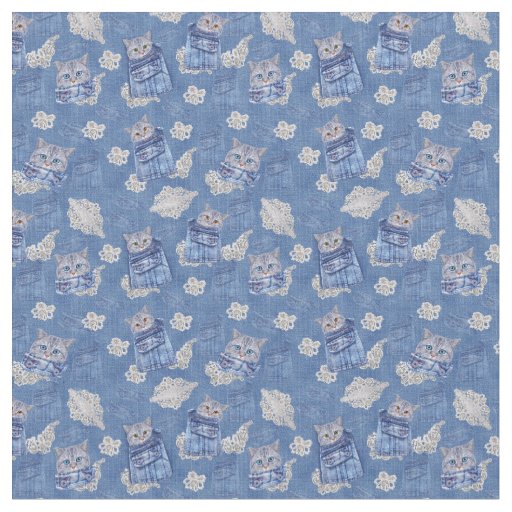 Denim Jeans with Kittens and Lace Repeats Fabric