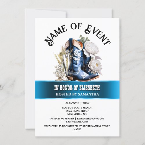 Denim lace cowgirl boots peony floral flower chic invitation