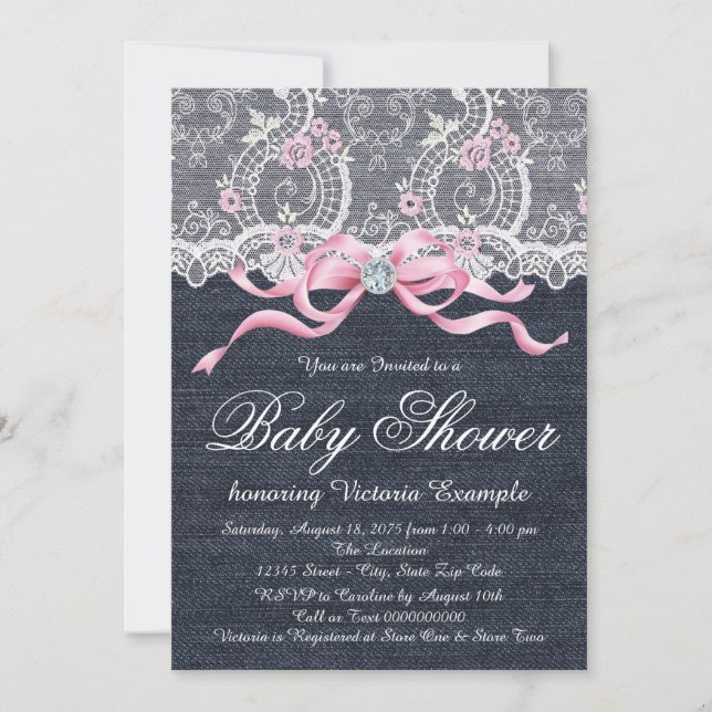 Denim Lace Diamond Bow Baby Shower Invitation (Front)