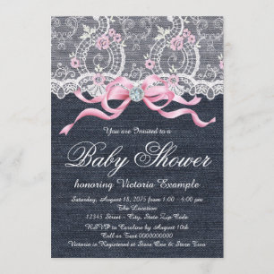 Denim Lace Diamond Bow Baby Shower Invitation