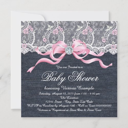 Denim Lace Diamond Bow Baby Shower Card
