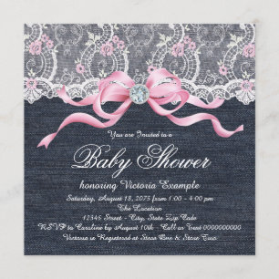 Denim Lace Diamond Bow Baby Shower Invitation