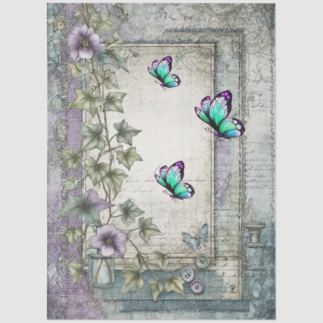 Denim & Lace Floral Fantasy Butterflies Decoupage Tissue Paper (Front)