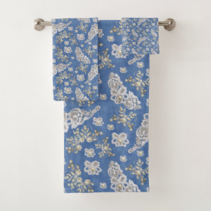 Denim- Lace Ivory Pearls Repeat Pattern Bath Towel Set