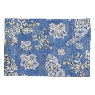 Denim - Lace Ivory Pearls Repeat Pattern Pillow Case