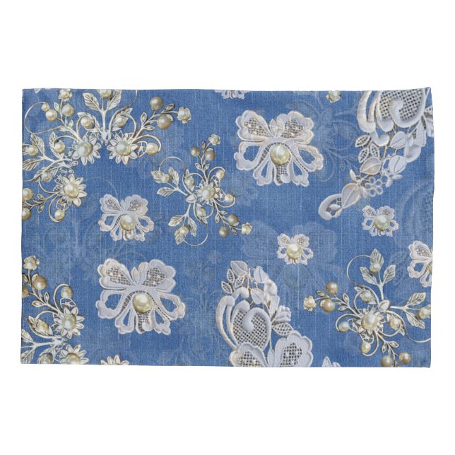 Denim - Lace Ivory Pearls Repeat Pattern Pillow Case (Back)