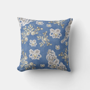 Denim- Lace-Ivory Pearls Repeat Throw Pillow