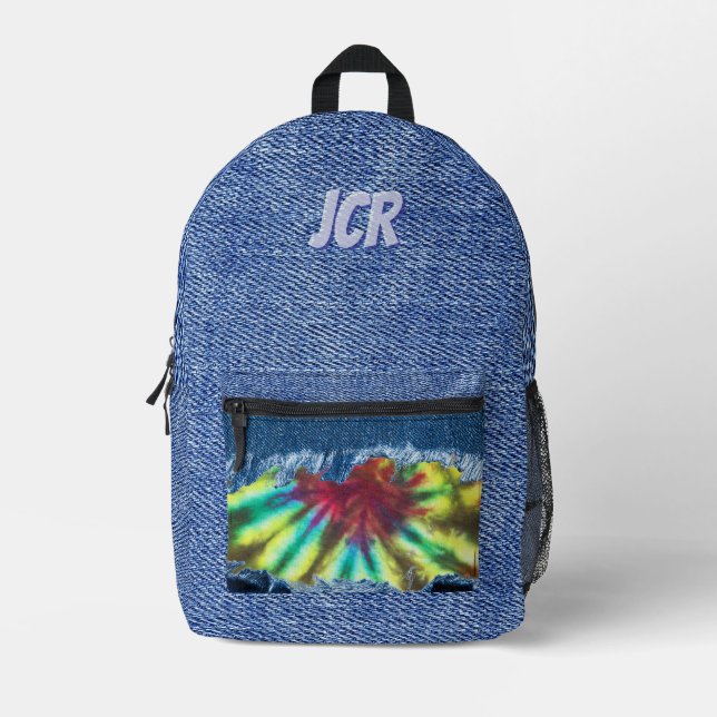 Denim Look Tie Dye Personalized Monogram Printed Backpack (Front)