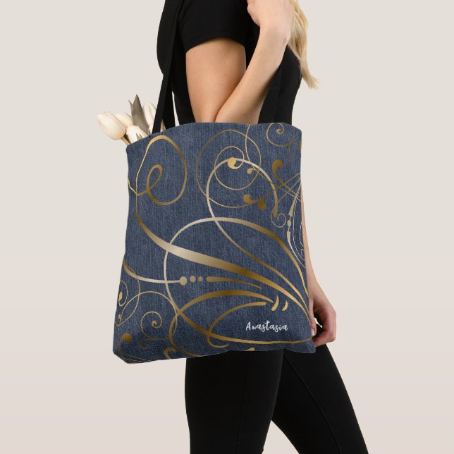 Denim Look with Gold Flourishes Personalized Tote Bag (Close Up)