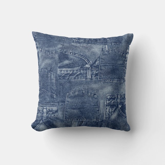 Denim material in a patchwork pocket pattern. throw pillow (Front)