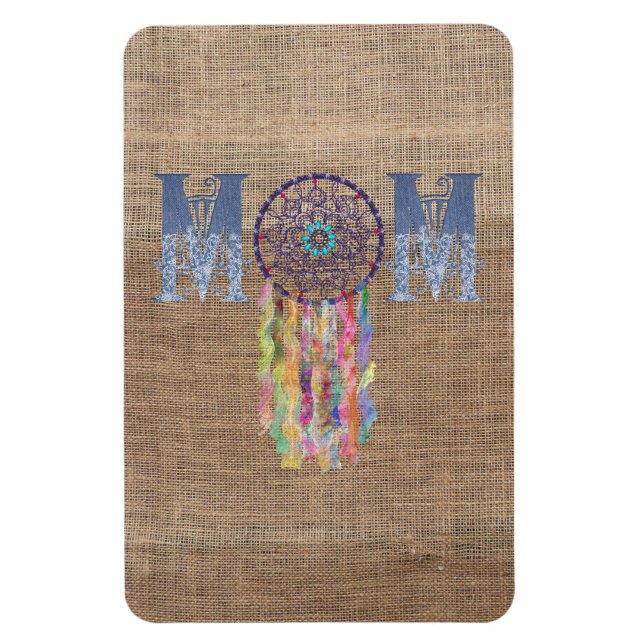 Denim Mom with Lace Dreamcatcher on Faux Burlap Magnet (Vertical)