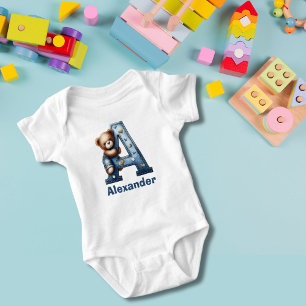 Denim Monogram A Teddy Bear Baby Bodysuit