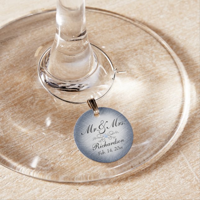 Denim Mr & Mrs Wine Tag Wine Charm (In Situ)