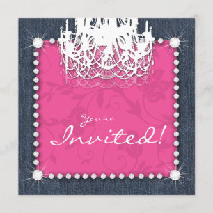 Denim n Diamonds Wedding Chandelier Floral Pink Invitation