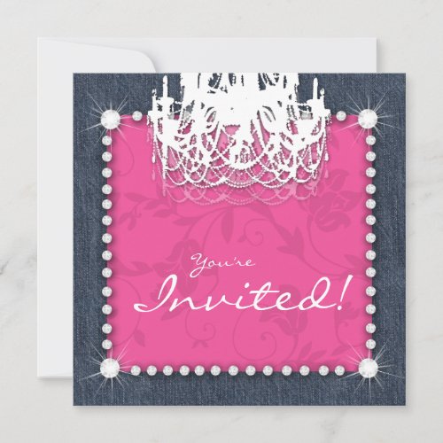 Denim n Diamonds Wedding Chandelier Floral Pink Invitation