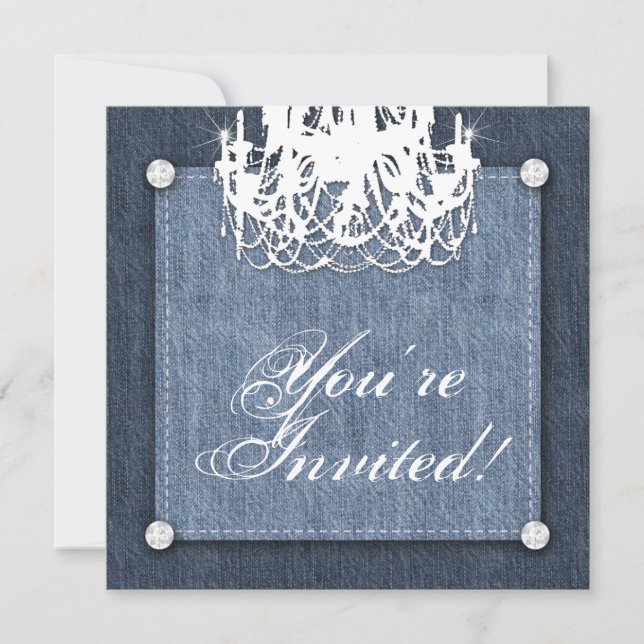 Denim n Diamonds Wedding Invitation Chandelier Lt (Front)