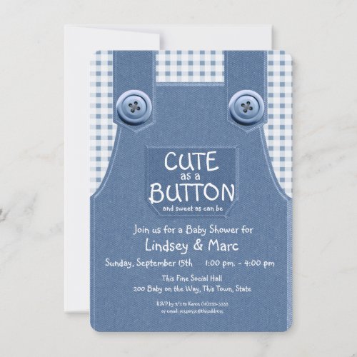 Denim Overalls Cute as a Button Blue Invitation