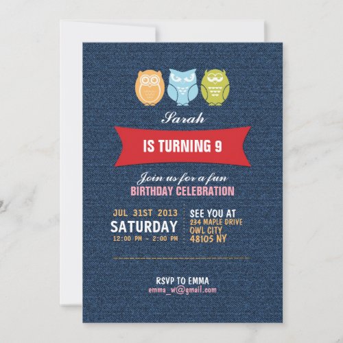 Denim Owl Cartoon Birthday Invitation for Kids