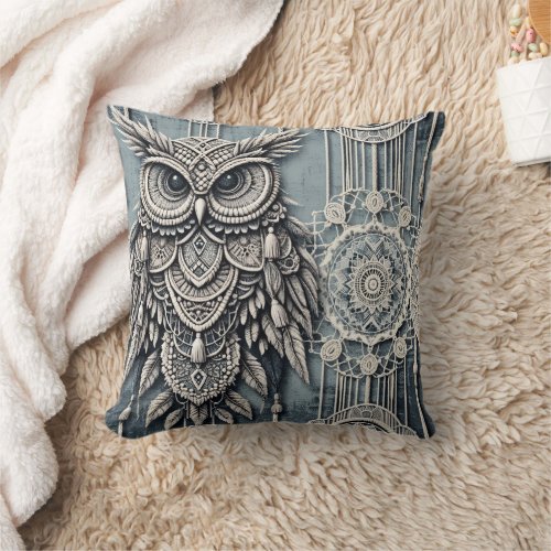 Denim  Owl Throw Pillow