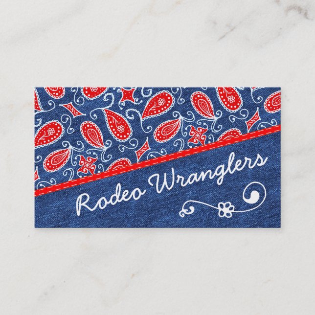 Denim Paisley Cute Floral Red White and Blue Jeans Business Card (Front)