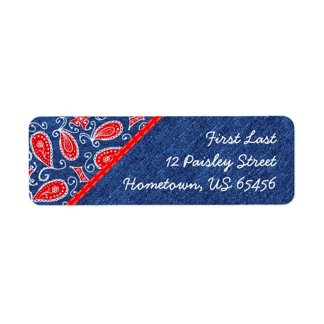 Denim Paisley Cute Floral Red White and Blue Jeans Label (Front)