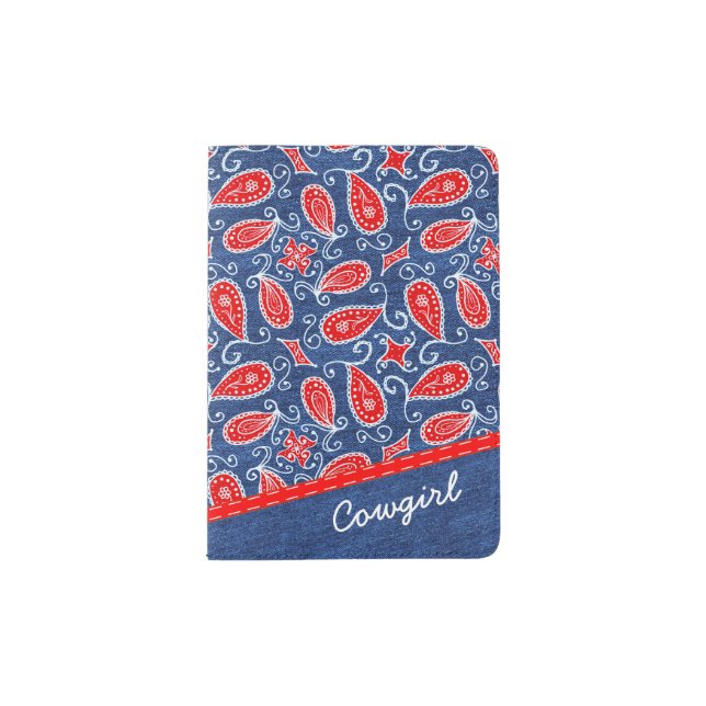 Denim Paisley Cute Floral Red White and Blue Jeans Passport Holder (Front)