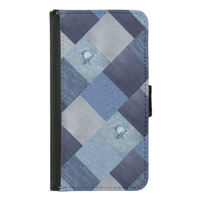 Denim Patchwork Cool Blue Fabric Samsung Galaxy Wallet Case (Front)