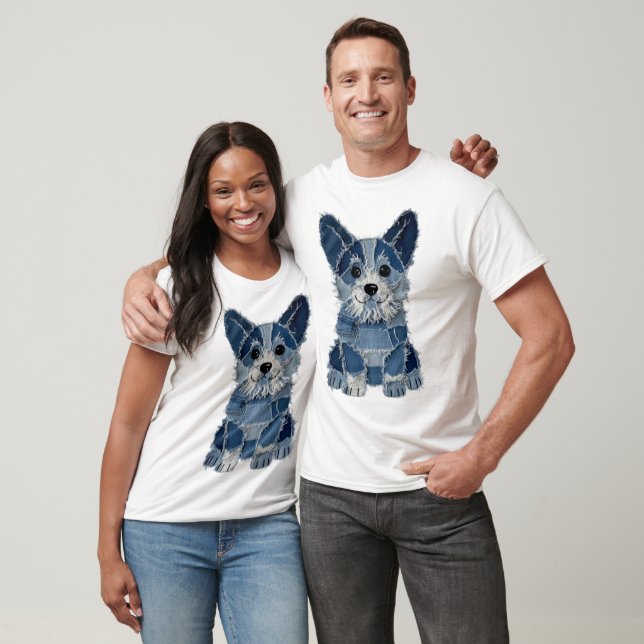 Denim Patchwork Corgi Dog T-Shirt (Unisex)