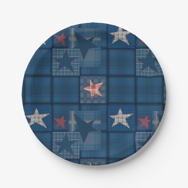 Denim patchwork favor box paper plates (Front)
