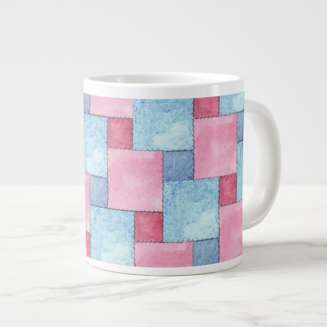 Denim Patchwork Jumbo Mug, Pinks, Blues Giant Coffee Mug (Front Right)