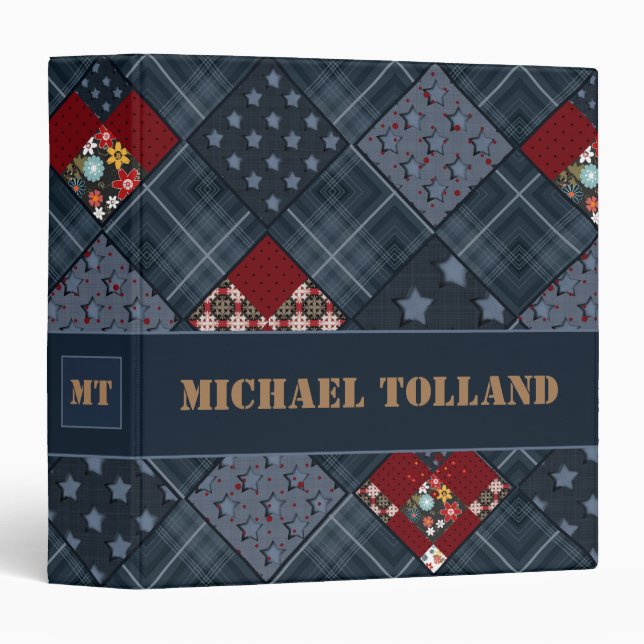 Denim patchwork, patchwork, textile, blue pattern 3 ring binder (Front/Spine)