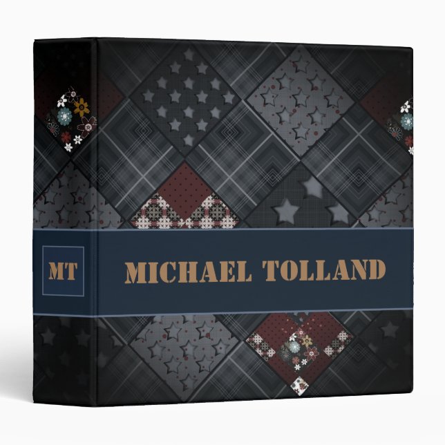 Denim patchwork, patchwork, textile, blue pattern 3 ring binder (Front/Spine)