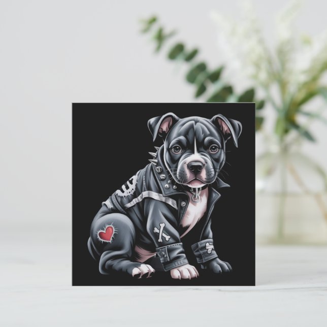 Denim Patchwork Pitbull Dog Edgy Rocker Gothic Holiday Card (Standing Front)