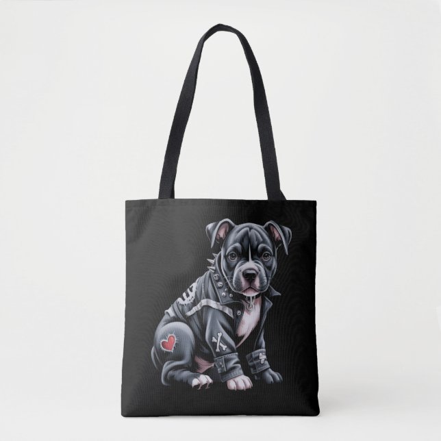 Denim Patchwork Pitbull Dog Edgy Rocker Gothic Tote Bag (Front)