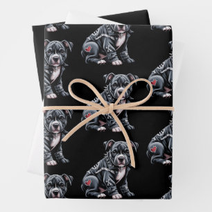 Denim Patchwork Pitbull Dog Edgy Rocker Gothic Wrapping Paper Sheets