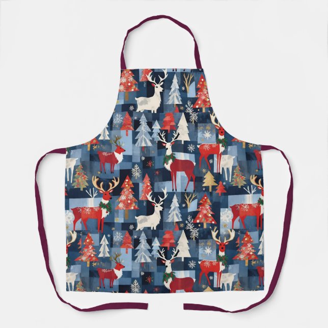 Denim Patchwork Plaid Christmas Trees & Reindeer Apron (Front)