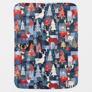 Denim Patchwork Plaid Christmas Trees & Reindeer Baby Blanket