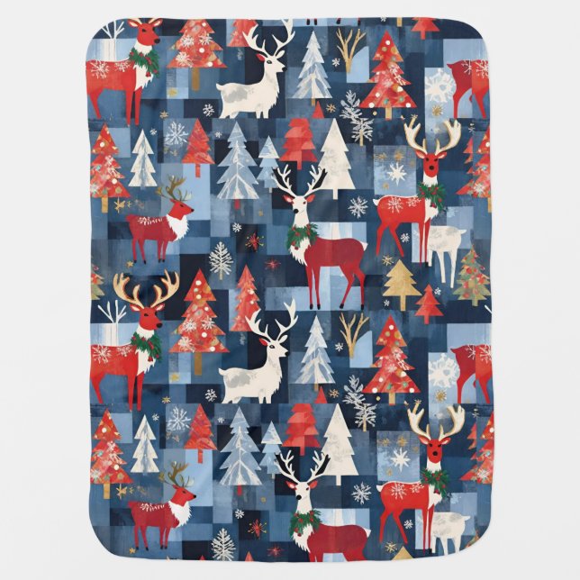 Denim Patchwork Plaid Christmas Trees & Reindeer Baby Blanket (Front)
