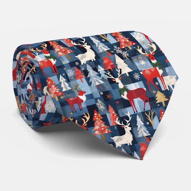 Denim Patchwork Plaid Christmas Trees & Reindeer Neck Tie (Rolled)