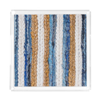 Denim patchwork: recycled jeans rug. acrylic tray