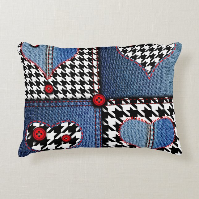 Denim Patchwork: Seamless Fabric Pattern Accent Pillow (Front)
