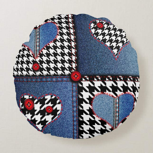 Denim Patchwork: Seamless Fabric Pattern Round Pillow (Front)