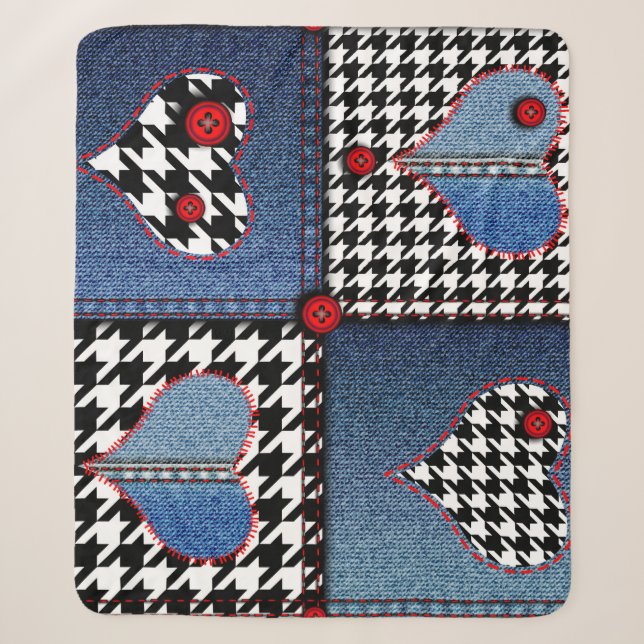 Denim Patchwork: Seamless Fabric Pattern Sherpa Blanket (Front)